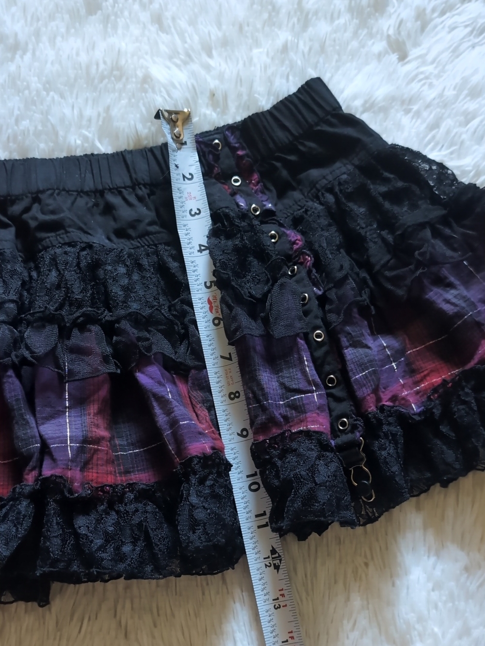 Y2K Tripp NYC Garter Strap Purple Plaid & Black Lace Gothic Mini Skirt XL - Picture 11 of 11